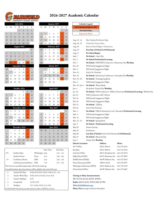 Fairfield Community School District 2026–2027 Academic Calendar