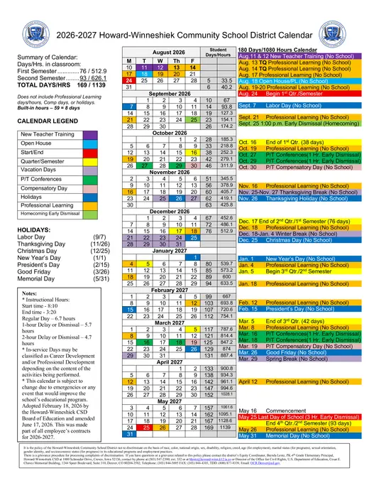 Howard-Winneshiek Community School District 2026–2027 Academic Calendar