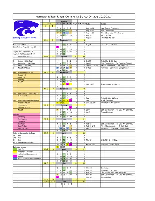 Humboldt &amp; Twin Rivers Community School Districts 2026–2027 Academic Calendar