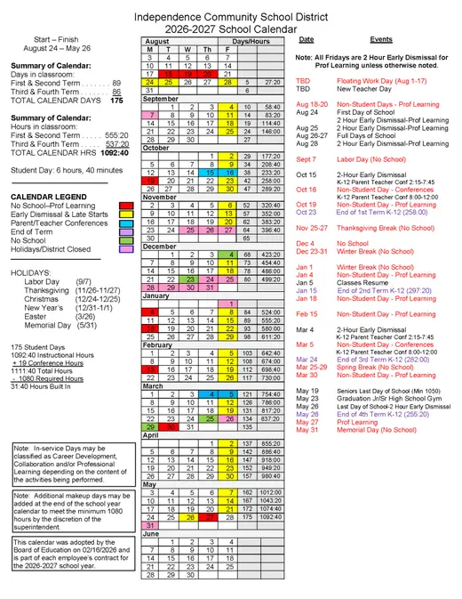 Independence Community School District 2026–2027 Academic Calendar Page 1