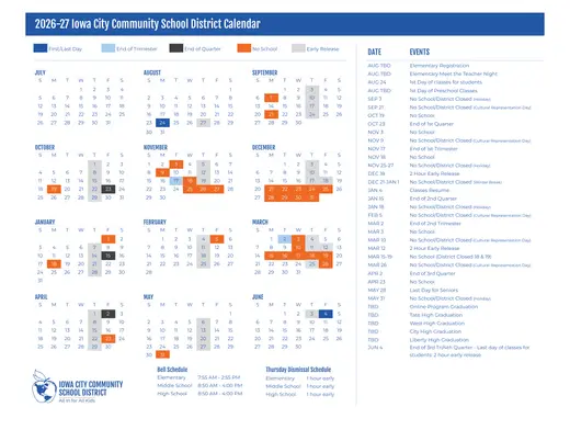 Iowa City Community School District 2026–2027 Academic Calendar Page 1