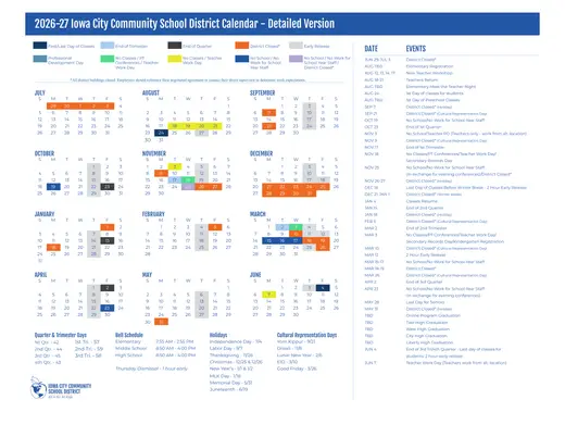 Iowa City Community School District 2026–2027 Academic Calendar Page 2