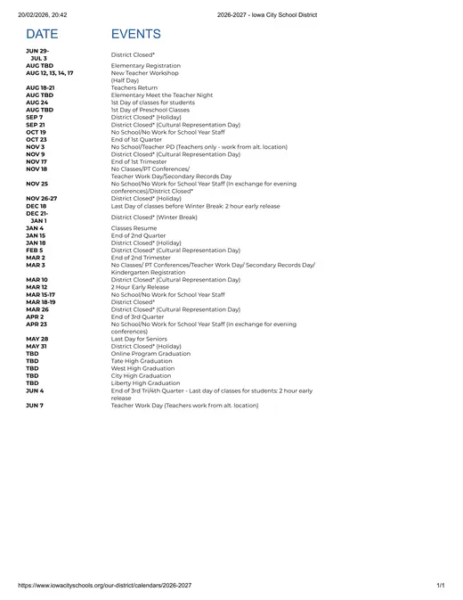 Iowa City School District 2026–2027 Academic Calendar