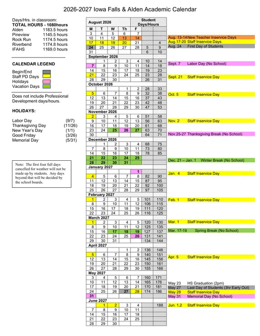 Iowa Falls &amp; Alden 2026–2027 Academic Calendar