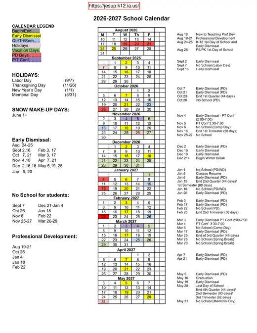 Jesup School District 2026–2027 Academic Calendar