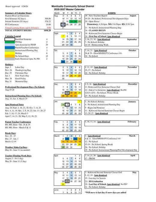 Monticello Community School District 2026–2027 Academic Calendar
