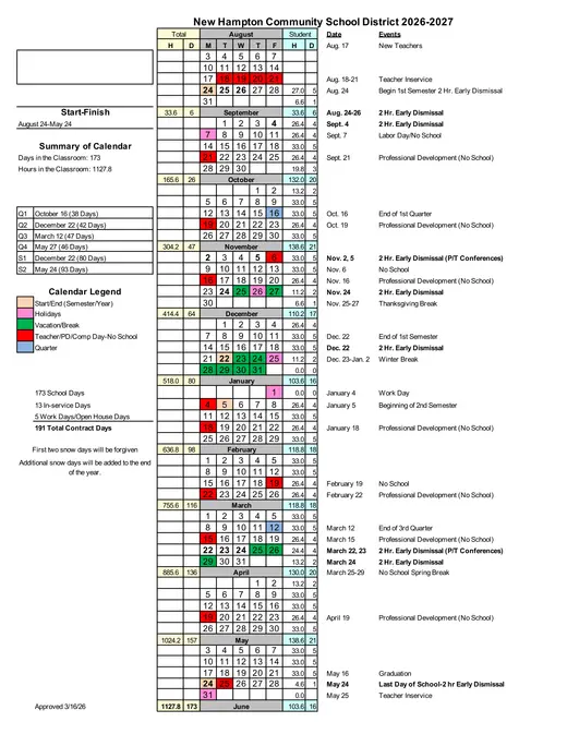 New Hampton Community School District 2026–2027 Academic Calendar