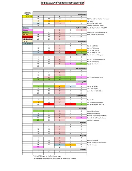 NFV North Fayette Valley Community School District School 2026–2027 Academic Calendar