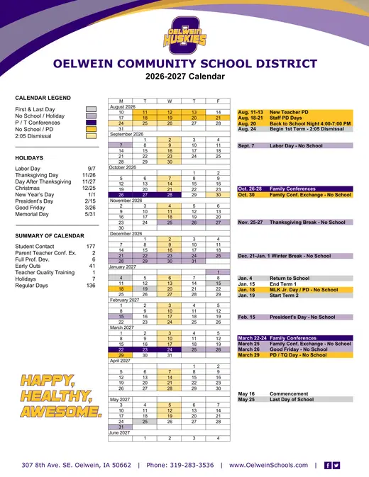 Oelwein Community School District 2026–2027 Academic Calendar
