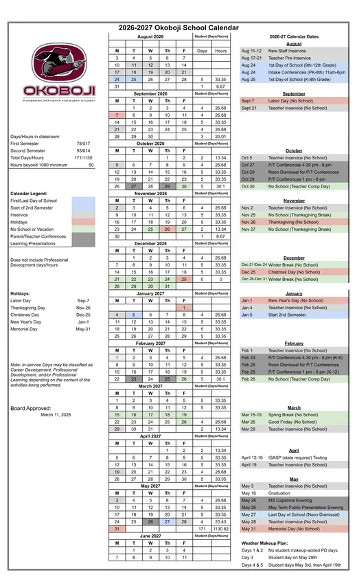 Okoboji School 2026–2027 Academic Calendar