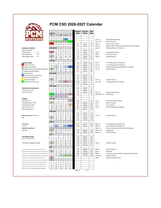 PCM CSD Prairie City Monroe Community School District 2026–2027 Academic Calendar
