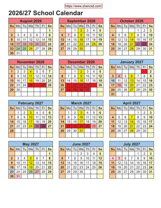 Shenandoah Community School District 2026–2027 Academic Calendar Page 1