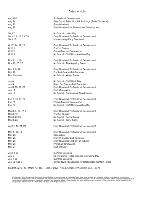 Shenandoah Community School District 2026–2027 Academic Calendar Page 2