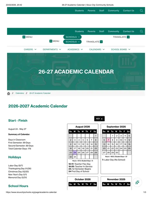 Sioux City Community Schools 2026–2027 Academic Calendar Page 1