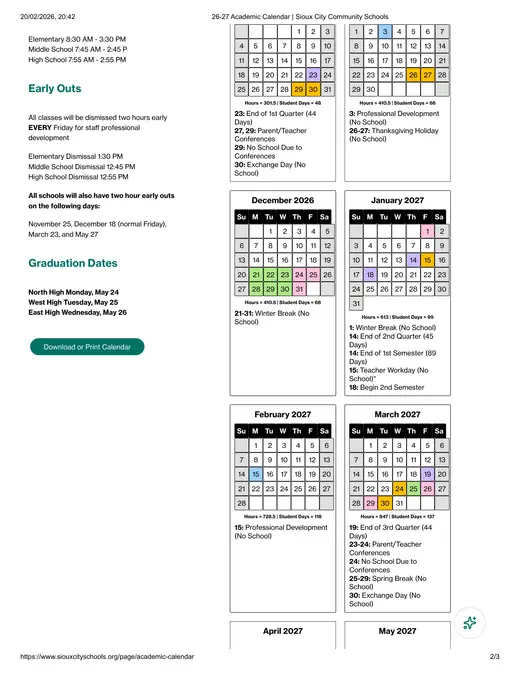 Sioux City Community Schools 2026–2027 Academic Calendar Page 2