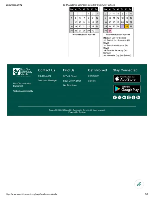 Sioux City Community Schools 2026–2027 Academic Calendar Page 3