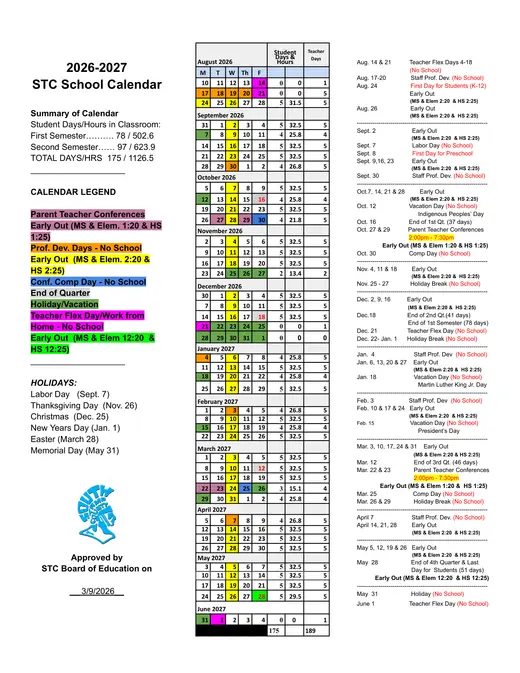 South Tama County Community School District stc School 2026–2027 Academic Calendar