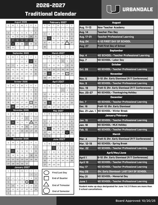 Urbandale Community School District 2026–2027 Academic Calendar