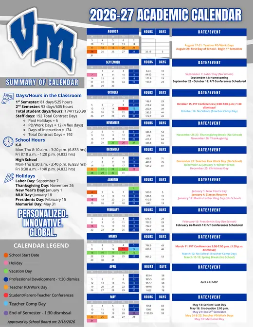 Van Meter Community School District 2026–2027 Academic Calendar