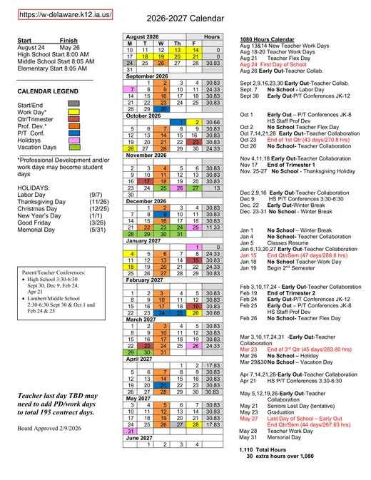 West Delaware 2026–2027 Academic Calendar