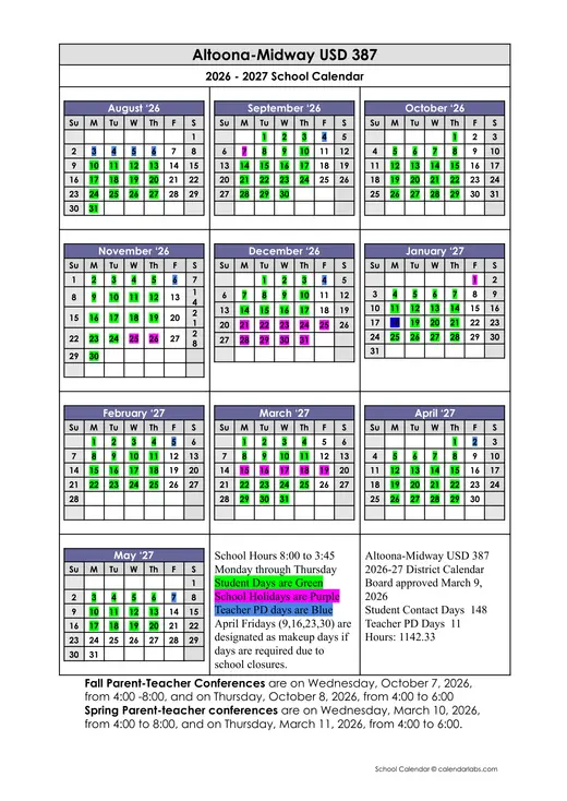Altoona-Midway USD 387 2026–2027 Academic Calendar Page 1