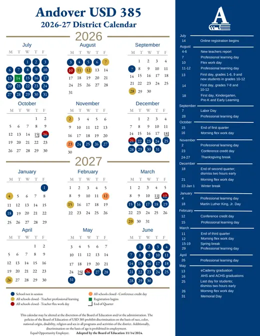 Andover USD 385 2026–2027 Academic Calendar