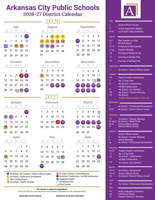 Arkansas City Public Schools USD 470 2026–2027 Academic Calendar Page 1