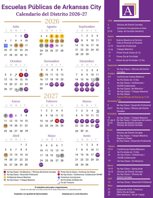 Arkansas City Public Schools USD 470 2026–2027 Academic Calendar Page 2