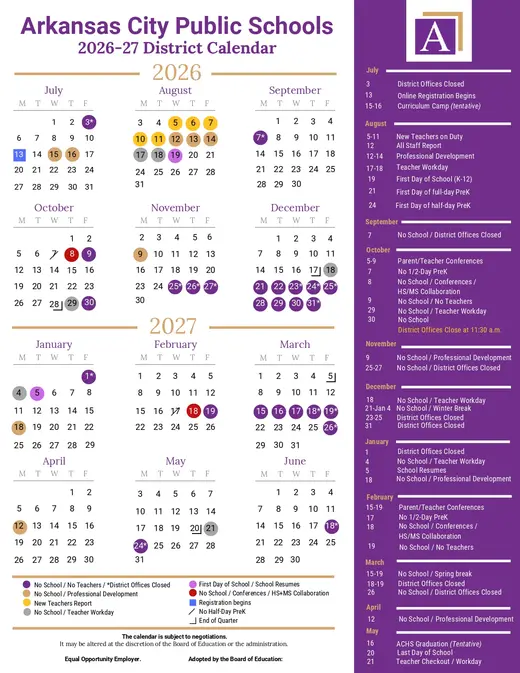 Arkansas City Public Schools 2026–2027 Academic Calendar