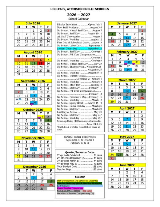 Atchison USD 409 2026–2027 Academic Calendar