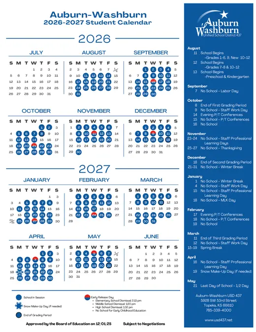 Auburn-Washburn USD 437 2026–2027 Academic Calendar