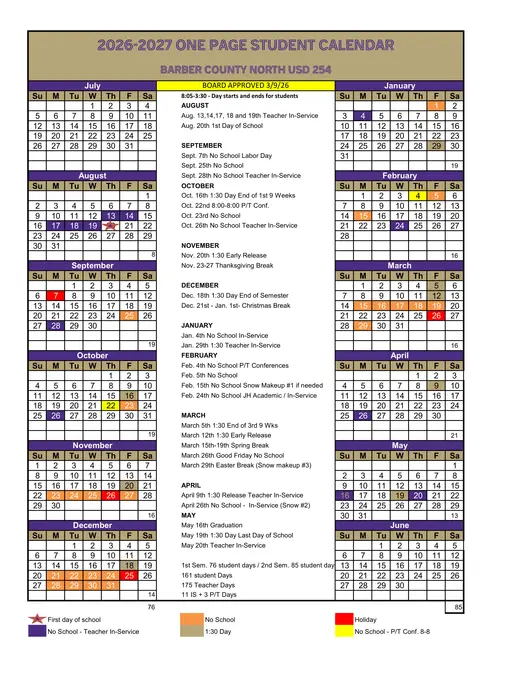 Barber County North USD 254 2026–2027 Academic Calendar