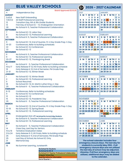 Blue Valley Schools 2026–2027 Academic Calendar