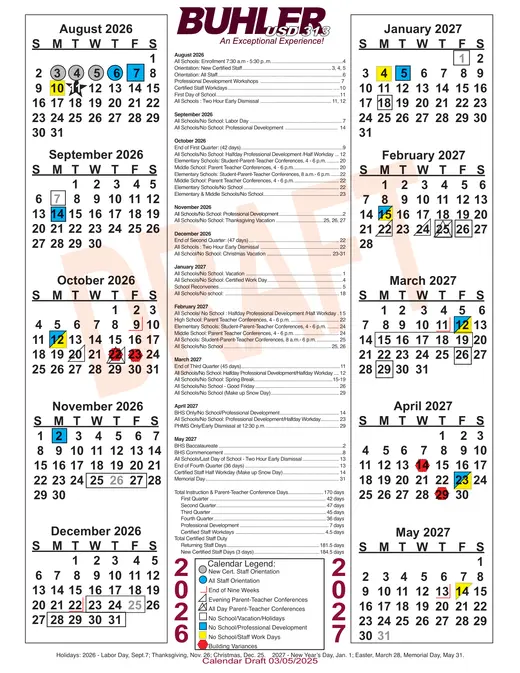 Buhler USD 313 2026–2027 Academic Calendar Page 1