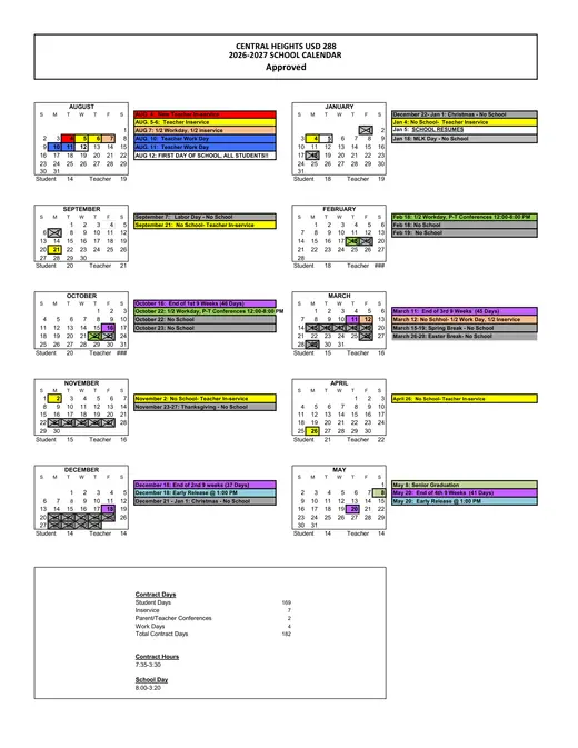 Central Heights USD 288 2026–2027 Academic Calendar