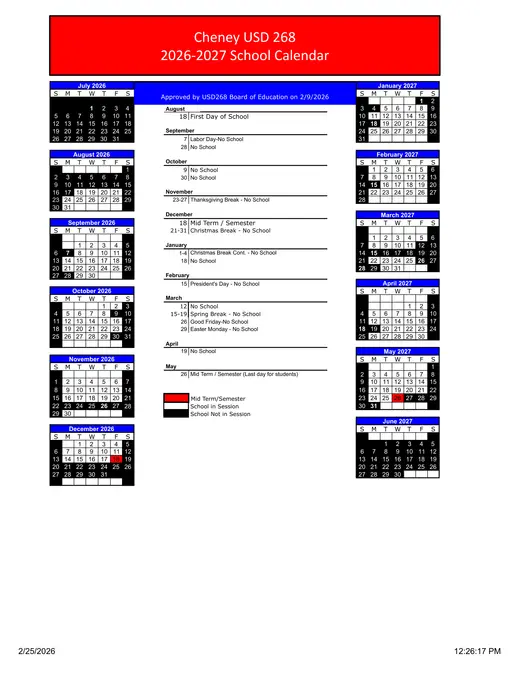 Cheney USD 268 2027–2028 Academic Calendar Page 1