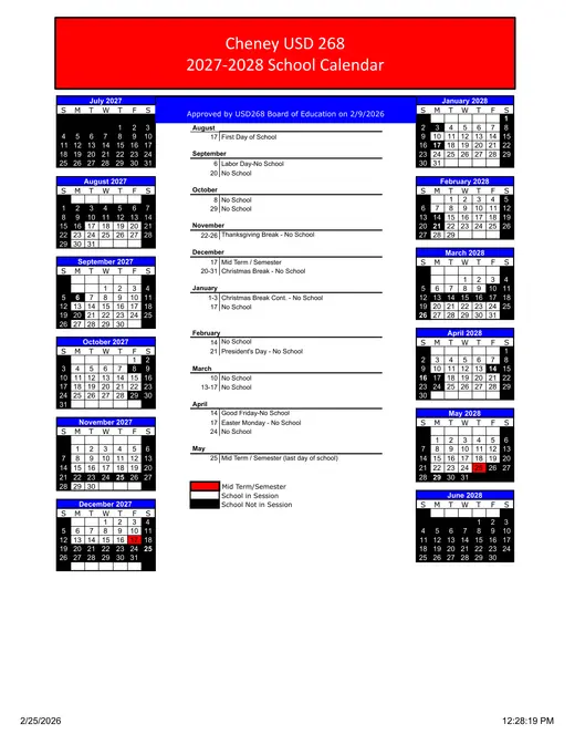 Cheney USD 268 2027–2028 Academic Calendar Page 2