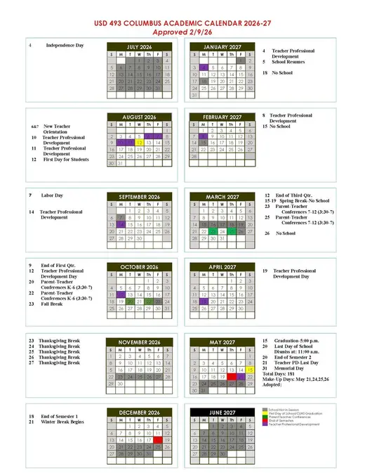 Columbus USD 493 2026–2027 Academic Calendar Page 1