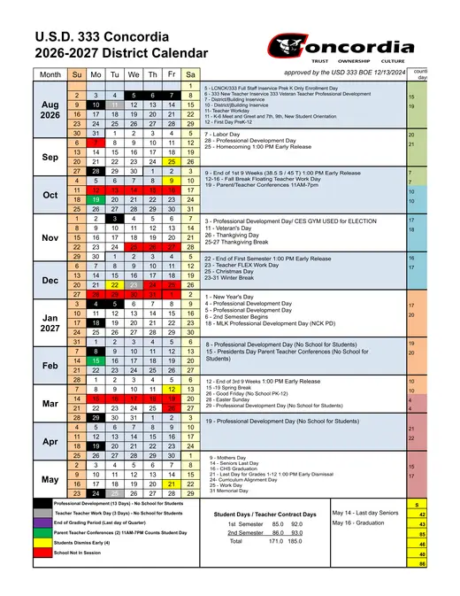 Concordia USD 333 2026–2027 Academic Calendar Page 1