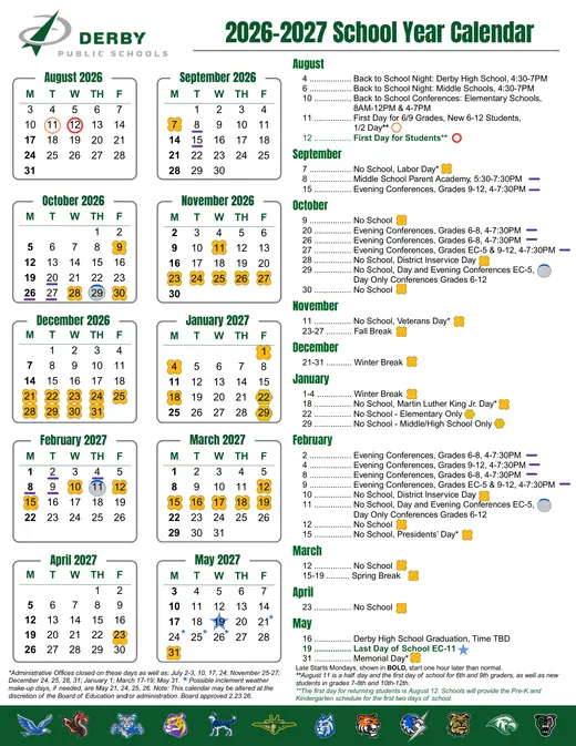 Derby Public Schools 2026–2027 Academic Calendar Page 1