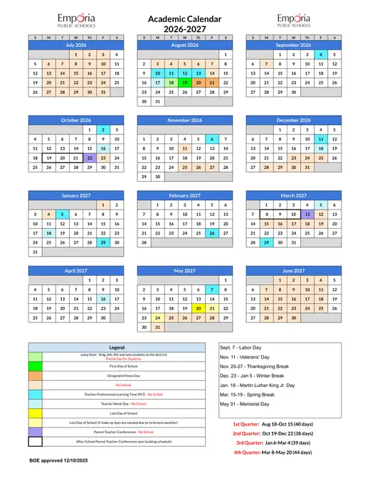 Emporia Public Schools 2026–2027 Academic Calendar