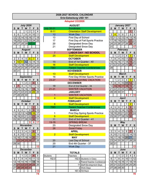 Erie-Galesburg USD 101 2026–2027 Academic Calendar Page 2