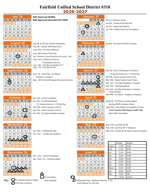 Fairfield Unified School District #310 2026–2027 Academic Calendar
