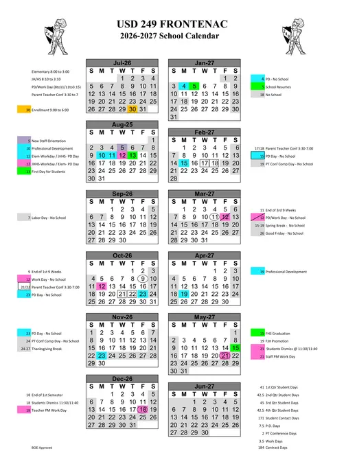 Frontenac USD 249 2026–2027 Academic Calendar