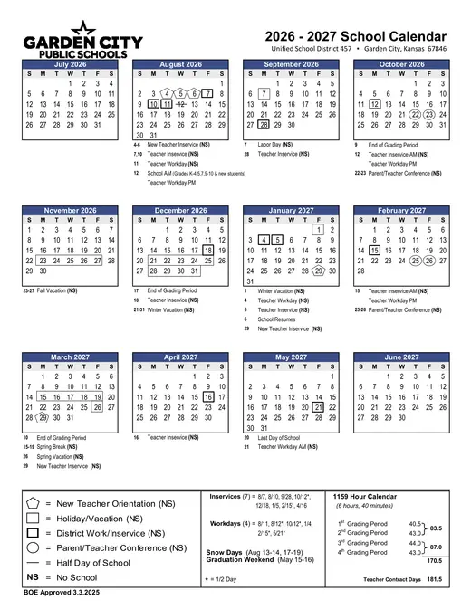 Garden City Public Schools 2026–2027 Academic Calendar