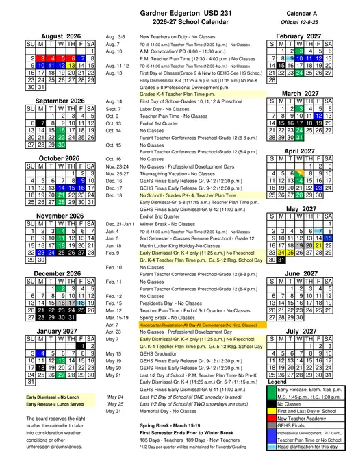 Gardner Edgerton USD 231 2026–2027 Academic Calendar
