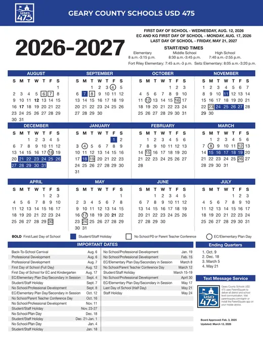 Geary County Schools USD 475 2026–2027 Academic Calendar