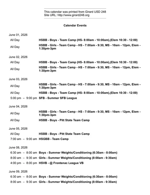 Girard USD 248 2025–2026 Academic Calendar Page 1