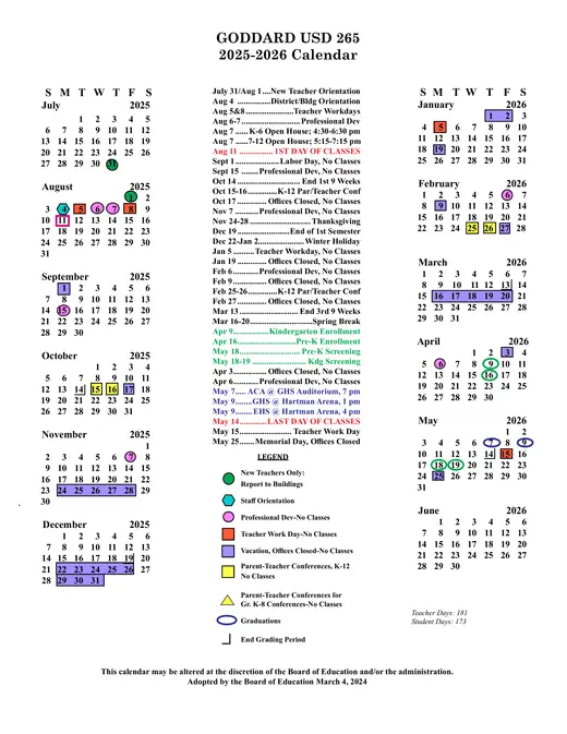 Goddard USD 265 2026–2027 Academic Calendar Page 1