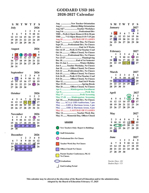 Goddard USD 265 2026–2027 Academic Calendar Page 2